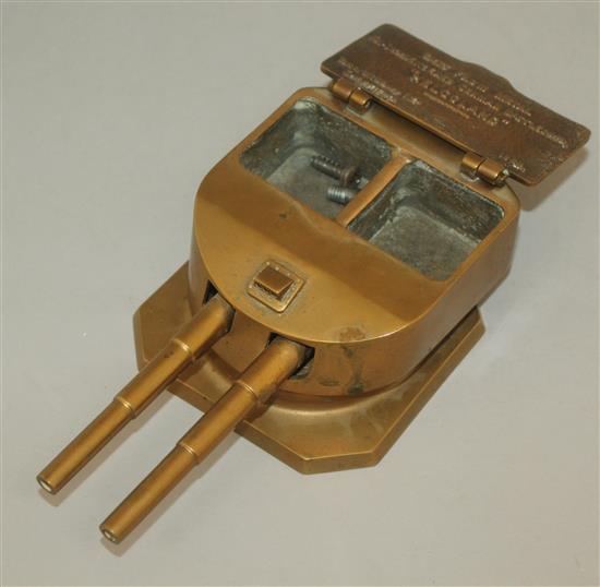 A 1920s brass twin bottle inkstand, 7.75in.